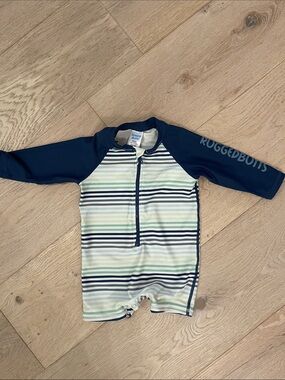 RUGGED BUTTS Striped Boys Rash Guard One-Piece Swimsuit Size 6-12 Months
